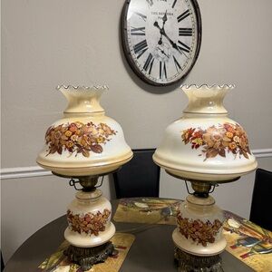 Vintage Floral Table Lamps with Cream and Brown Accents